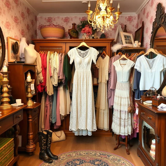 A cozy vintage thrift store showcasing an array of unique clothing and decor