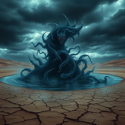 A dark and ominous water elemental rising from a lake in the midst of a vast desert