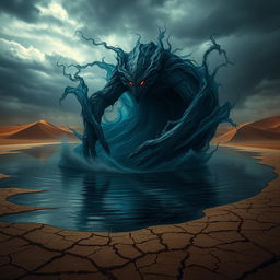 A dark and ominous water elemental rising from a lake in the midst of a vast desert