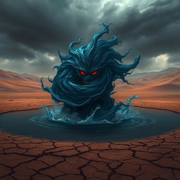 A dark and ominous water elemental rising from a lake in the midst of a vast desert