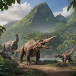 Finalise the image with the transformation of Isla Nublar into the iconic Jurassic Park, complete with its thrilling rides, captivating exhibits and the prehistoric residents, the Brachiosaurus and Triceratops, amidst the lush scenery.