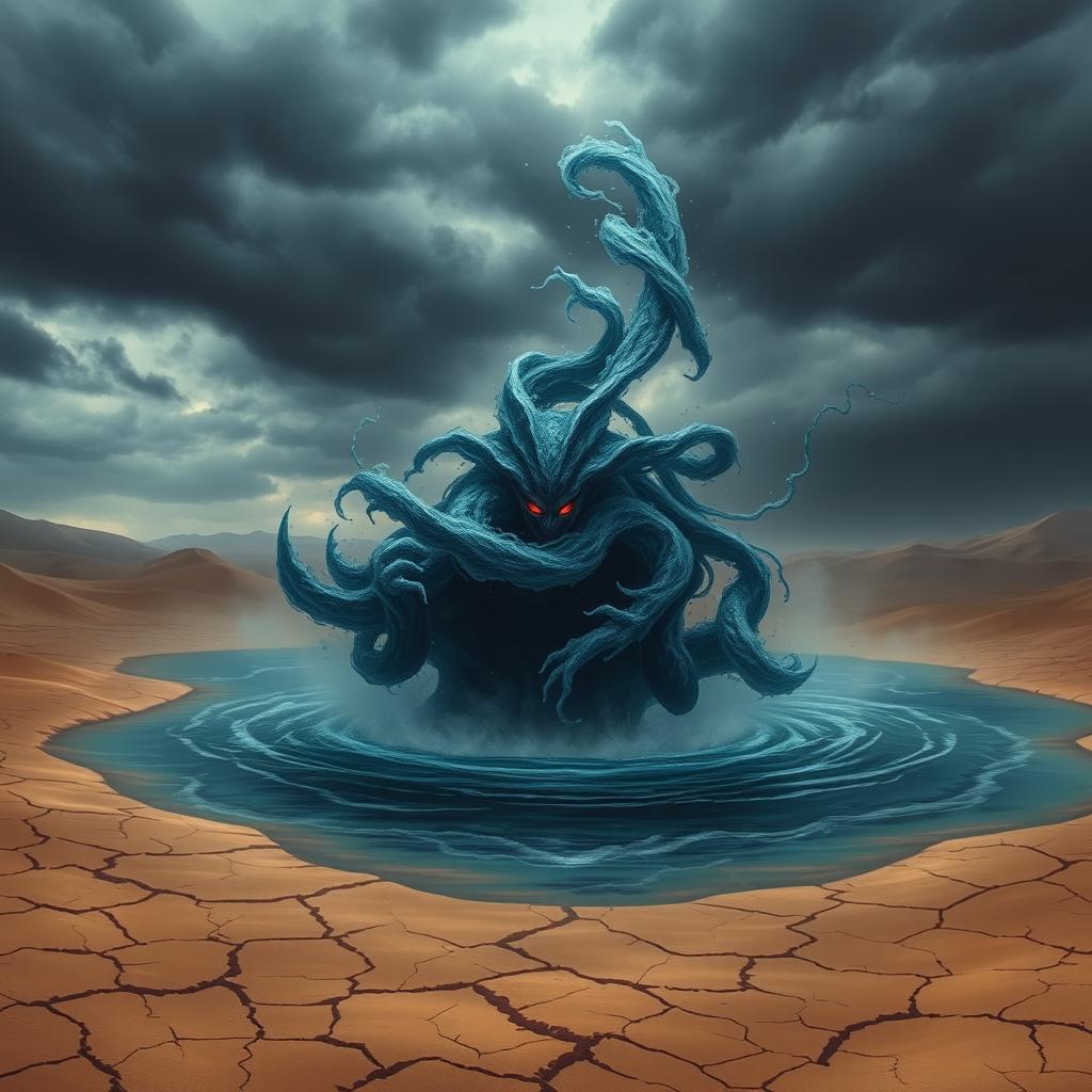 A dark and ominous water elemental rising from a lake in the midst of a vast desert