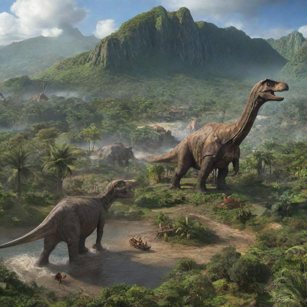 Finalise the image with the transformation of Isla Nublar into the iconic Jurassic Park, complete with its thrilling rides, captivating exhibits and the prehistoric residents, the Brachiosaurus and Triceratops, amidst the lush scenery.