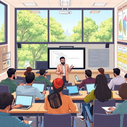 An illustration showcasing a contemporary university classroom scene at Mazaya University, featuring a computer science course led by Professor Ahmed Rahim