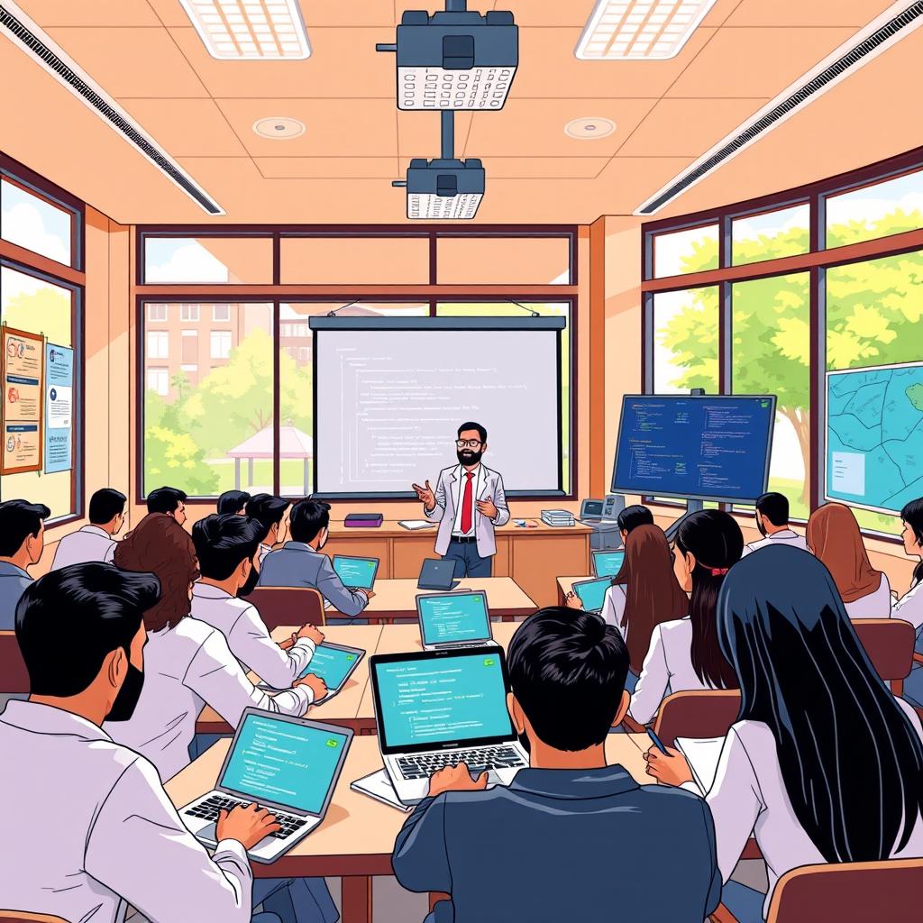 An illustration showcasing a contemporary university classroom scene at Mazaya University, featuring a computer science course led by Professor Ahmed Rahim