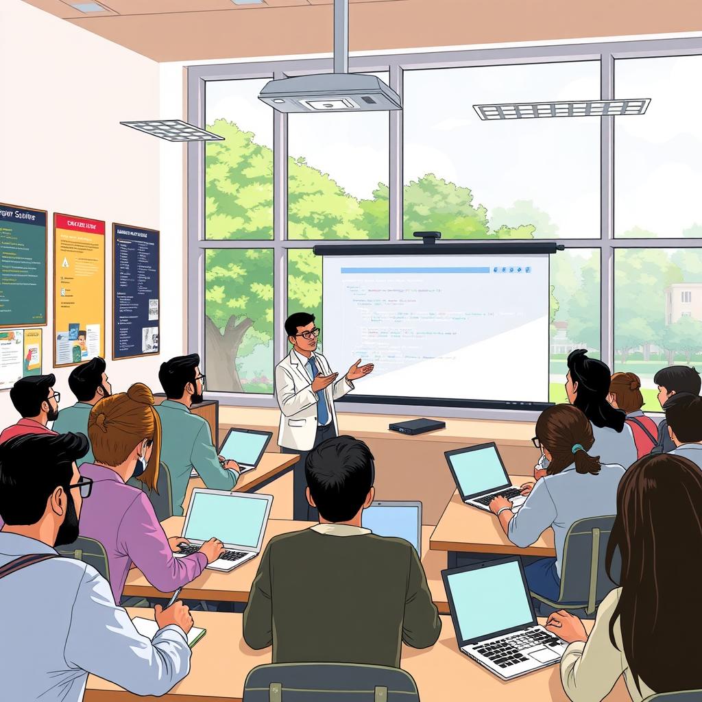 An illustration showcasing a contemporary university classroom scene at Mazaya University, featuring a computer science course led by Professor Ahmed Rahim