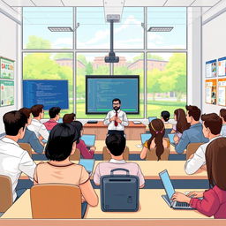 An illustration showcasing a contemporary university classroom scene at Mazaya University, featuring a computer science course led by Professor Ahmed Rahim