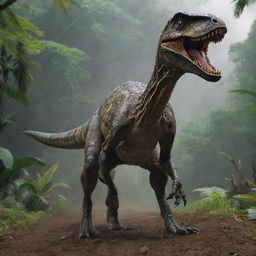 Add a dynamic twist to the finalized image with the entry of a cunning Velociraptor onto the scene, striking both awe and fear into the lively setting of Jurassic Park.