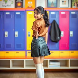 A cute Indian teenage girl in a stylish school uniform, featuring a fitted leather skirt and a satin t-shirt