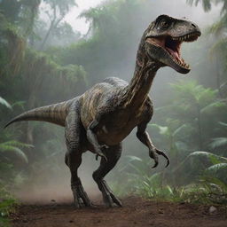 Add a dynamic twist to the finalized image with the entry of a cunning Velociraptor onto the scene, striking both awe and fear into the lively setting of Jurassic Park.