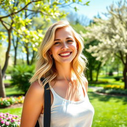 A beautiful 35-year-old blonde woman with a non-model appearance, enjoying a peaceful day in a vibrant park