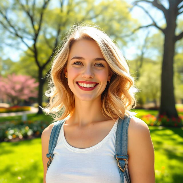 A beautiful 35-year-old blonde woman with a non-model appearance, enjoying a peaceful day in a vibrant park