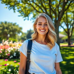 A beautiful 35-year-old blonde woman with a non-model appearance, enjoying a peaceful day in a vibrant park