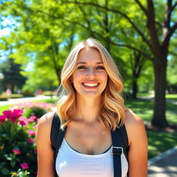 A beautiful 35-year-old blonde woman with a non-model appearance, enjoying a peaceful day in a vibrant park