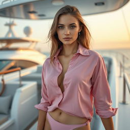 A beautiful young European model woman in her 20s on a yacht, portrayed in a realistic style with no smiles, wearing a pink button-up shirt and underwear