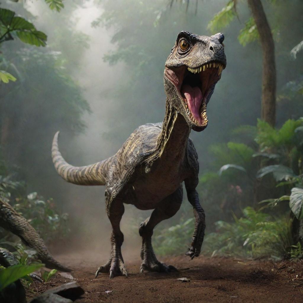 Add a dynamic twist to the finalized image with the entry of a cunning Velociraptor onto the scene, striking both awe and fear into the lively setting of Jurassic Park.