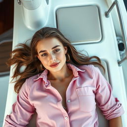 A beautiful young European woman in her 20s, lying down on a luxurious yacht