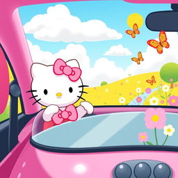 A cute pink car with Hello Kitty driving, showcasing her signature bow on the dashboard