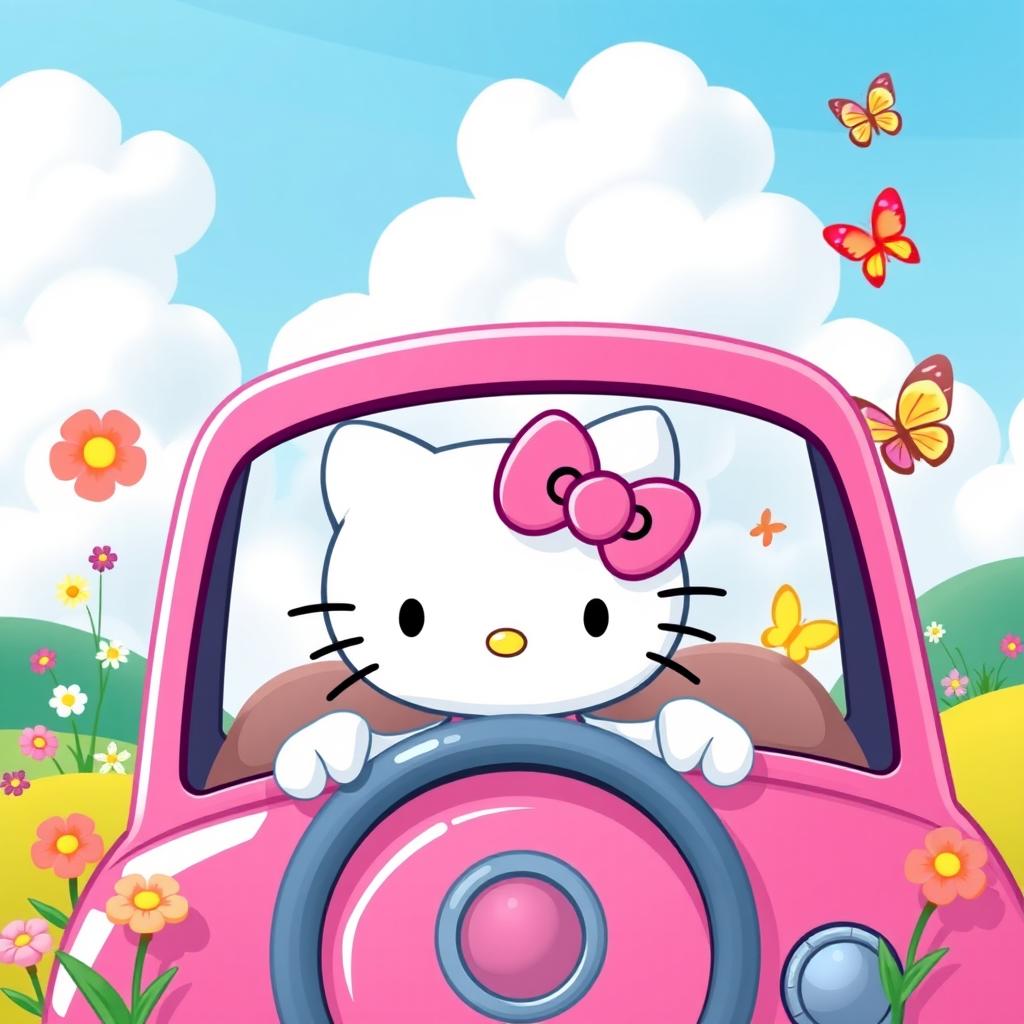 A cute pink car with Hello Kitty driving, showcasing her signature bow on the dashboard