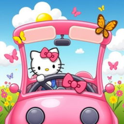 A cute pink car with Hello Kitty driving, showcasing her signature bow on the dashboard