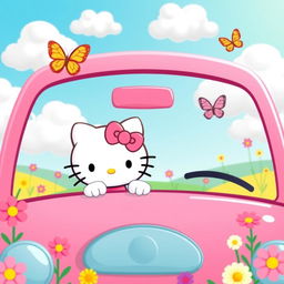 A cute pink car with Hello Kitty driving, showcasing her signature bow on the dashboard