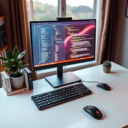 A sleek, modern computer setup featuring a high-resolution monitor, a stylish keyboard, and a mouse on a minimalist desk