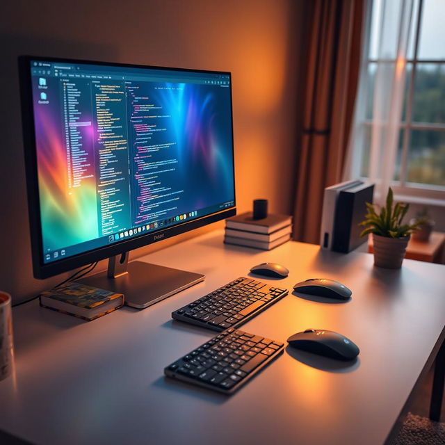 A sleek, modern computer setup featuring a high-resolution monitor, a stylish keyboard, and a mouse on a minimalist desk