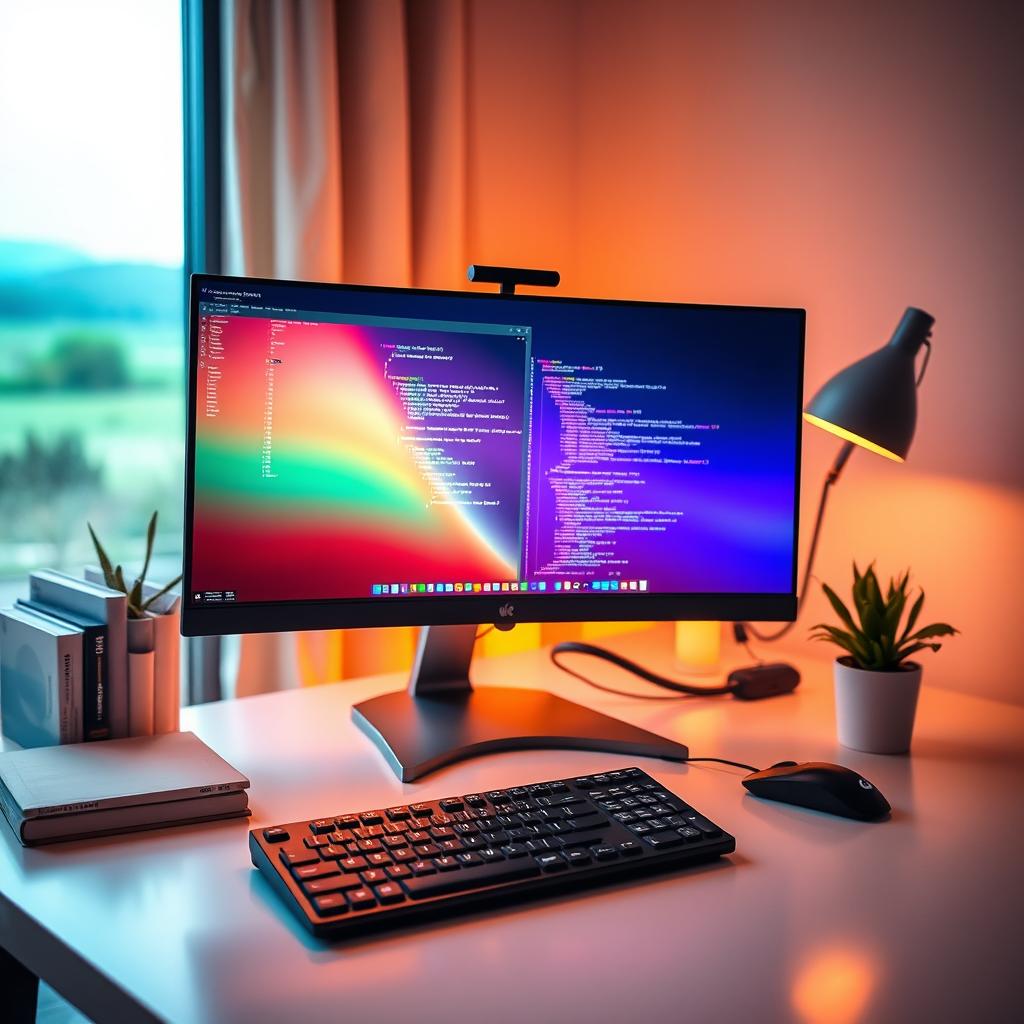 A sleek, modern computer setup featuring a high-resolution monitor, a stylish keyboard, and a mouse on a minimalist desk