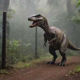 Enhance the image by encasing the cunning Velociraptor and the mighty Tyrannosaurus within electrified fencing, a subtle blend of danger and control beneath the thriving activity of Jurassic Park.