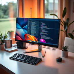 A sleek, modern computer setup featuring a high-resolution monitor, a stylish keyboard, and a mouse on a minimalist desk