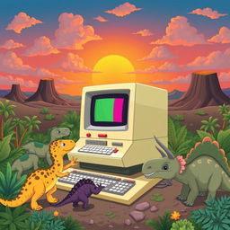 A whimsical illustration depicting a computer environment set in the time of dinosaurs