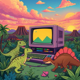 A whimsical illustration depicting a computer environment set in the time of dinosaurs