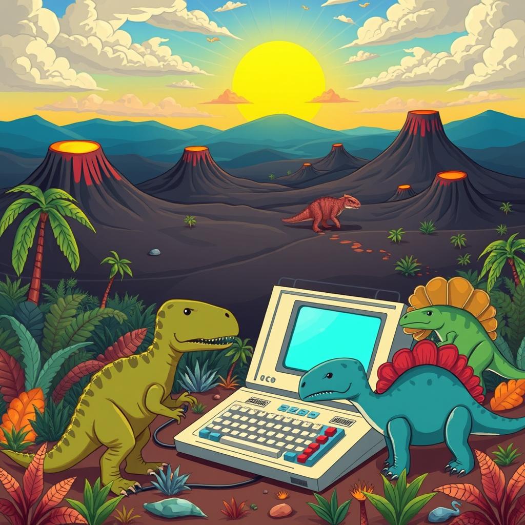 A whimsical illustration depicting a computer environment set in the time of dinosaurs