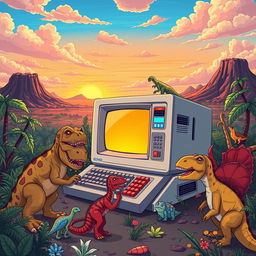 A whimsical illustration depicting a computer environment set in the time of dinosaurs