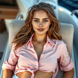 A beautiful young European model in her 20s, laying down on a yacht