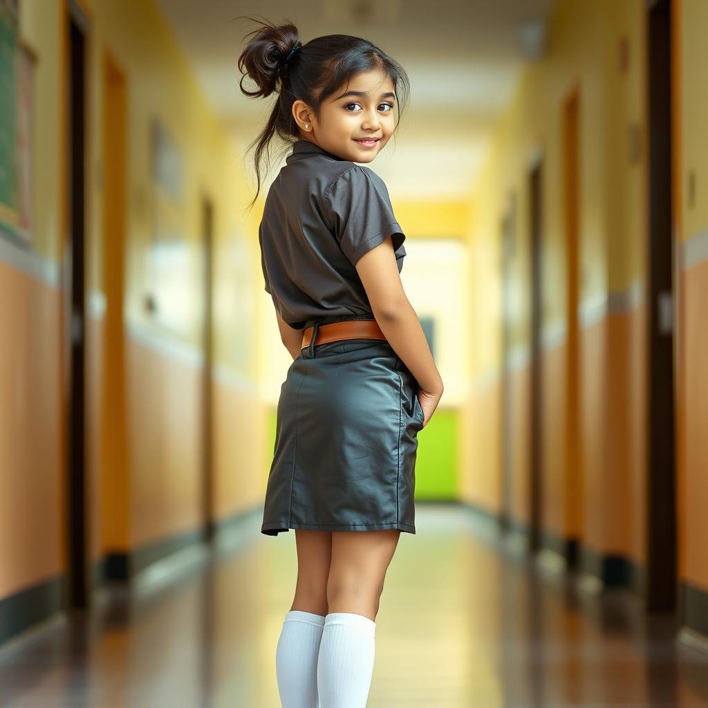 A cute Indian teenage girl in a stylish school uniform featuring a fitted leather skirt with a leather belt, paired with a satin t-shirt