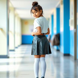 A cute Indian teenage girl in a stylish school uniform featuring a fitted leather skirt with a leather belt, paired with a satin t-shirt