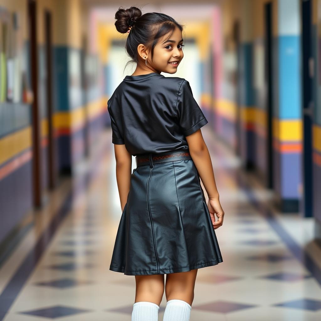 A cute Indian teenage girl in a stylish school uniform featuring a fitted leather skirt with a leather belt, paired with a satin t-shirt