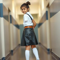 A cute Indian teenage girl in a stylish school uniform featuring a fitted leather skirt with a leather belt, paired with a satin t-shirt