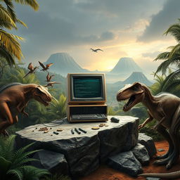 A realistic depiction of a computer set in a prehistoric landscape filled with dinosaurs