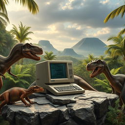 A realistic depiction of a computer set in a prehistoric landscape filled with dinosaurs