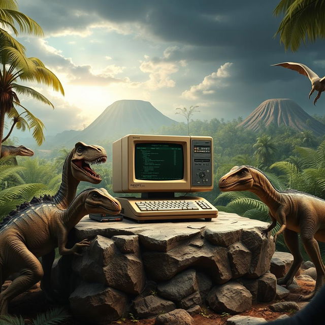 A realistic depiction of a computer set in a prehistoric landscape filled with dinosaurs