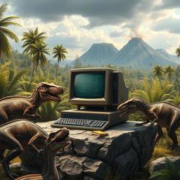 A realistic depiction of a computer set in a prehistoric landscape filled with dinosaurs