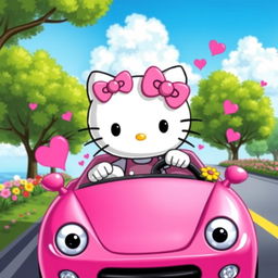 A cute, colorful depiction of Hello Kitty driving a bright pink car, adorned with whimsical decorations like hearts and flowers