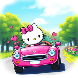 A cute, colorful depiction of Hello Kitty driving a bright pink car, adorned with whimsical decorations like hearts and flowers