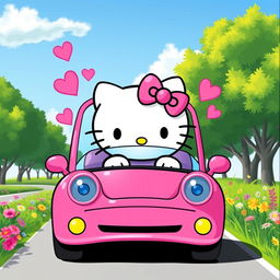 A cute, colorful depiction of Hello Kitty driving a bright pink car, adorned with whimsical decorations like hearts and flowers