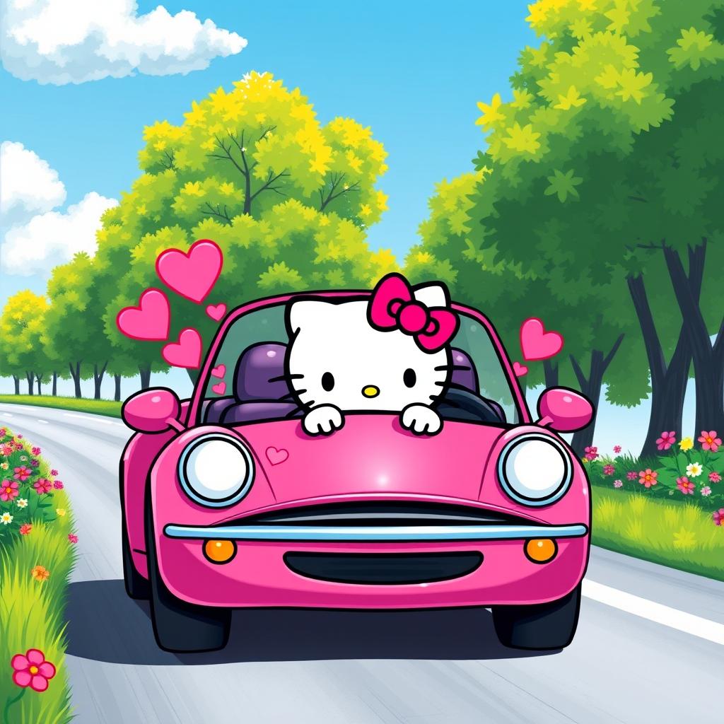 A cute, colorful depiction of Hello Kitty driving a bright pink car, adorned with whimsical decorations like hearts and flowers