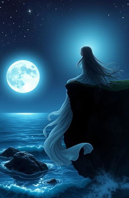 A serene night scene depicting a beautiful woman sitting on a cliff overlooking a tranquil ocean under a starry sky, whispering softly to the luminous full moon