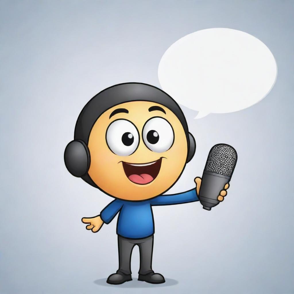 Create a friendly cartoon character mascot for a speech educational tool. It should be holding a microphone and have a speech bubble to symbolize communication.