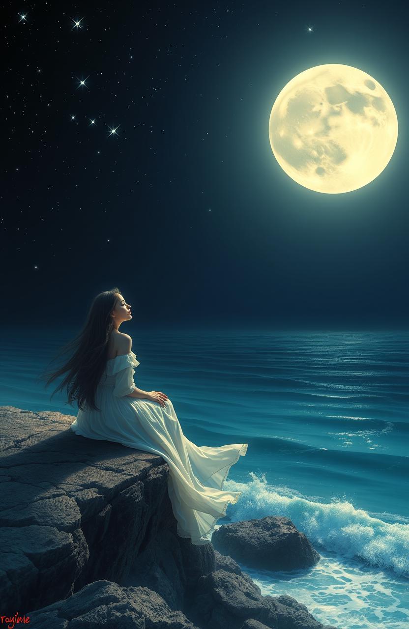 A serene night scene depicting a beautiful woman sitting on a cliff overlooking a tranquil ocean under a starry sky, whispering softly to the luminous full moon